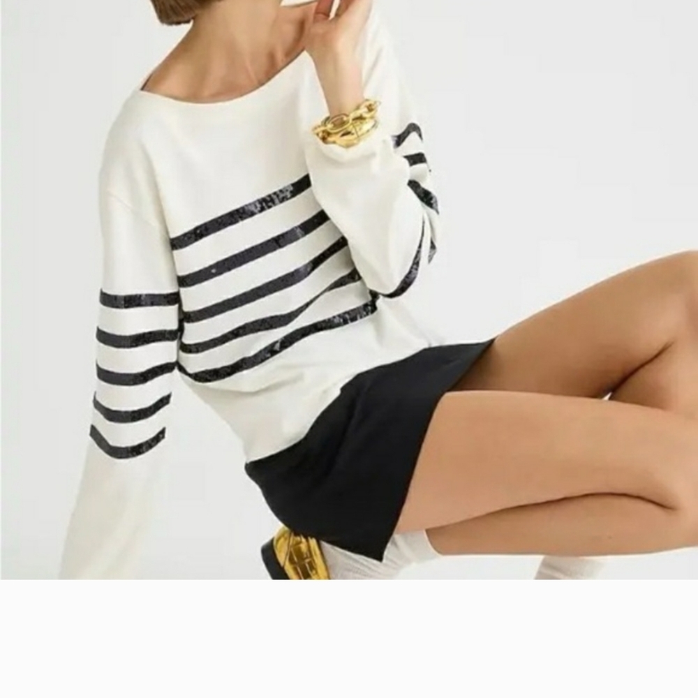 J.Crew Collection Chic Striped Mariner cloth Navy and White Sequin Tee